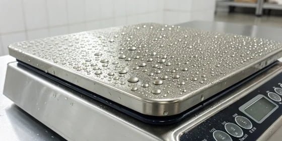 Waterproof versus watertight industrial scale A close-up of water beading on the stainless steel surface of an industrial scale.