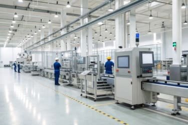 Industrial Intelligent Weighing Software in Action A modern factory floor with automated machinery and digital interfaces, illustrating industrial intelligent weighing software.