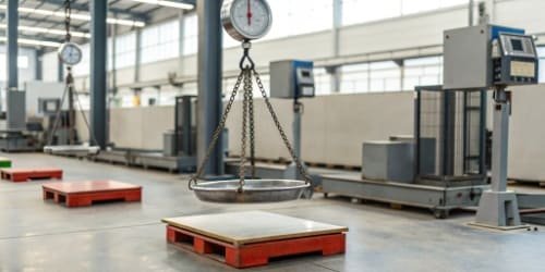 An assortment of industrial scales including bench scales, floor scales, and hanging scales in a modern factory setting.