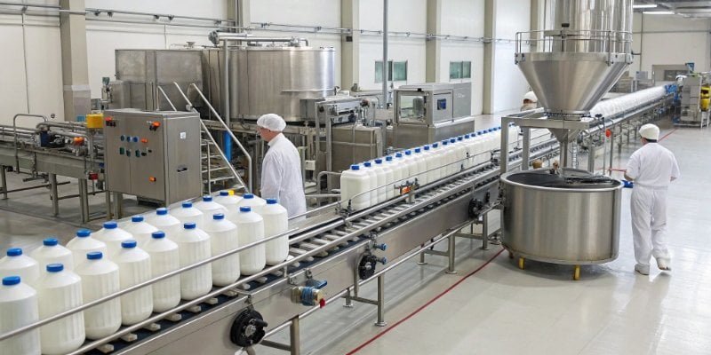 An automated chemical production line with integrated industrial scales and control panels.