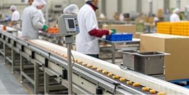 An assembly line with a digital scale highlighting areas of inefficiency