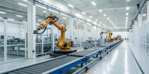 A modern manufacturing facility with robotic arms and conveyor belts, showcasing the integration of intelligent weighing software.