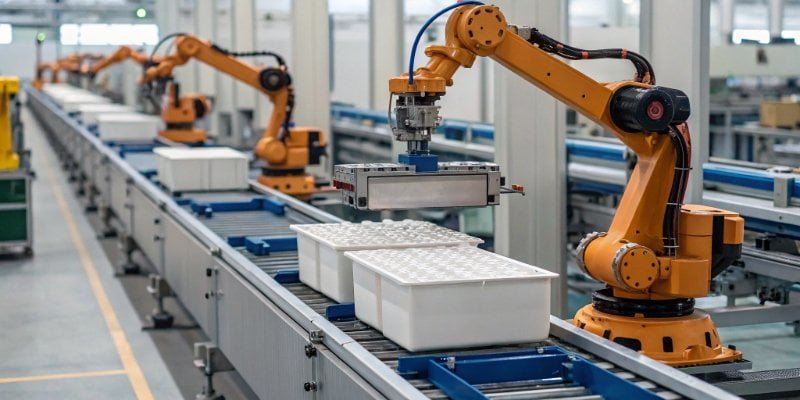 Automated Control System with Load Cell An automated industrial production line with robotic arms and scales.