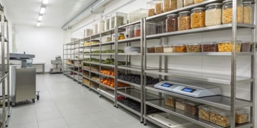 Canteen Inventory Management A modern, organized commercial kitchen stockroom with shelves of ingredients