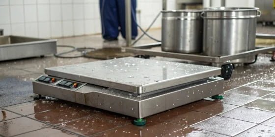 A close-up of a stainless steel industrial scale in a wet food processing environment