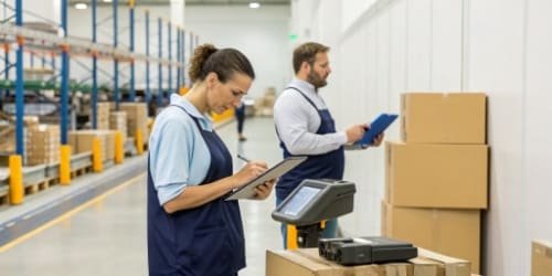 Tools for Inventory Management An organized warehouse with staff using scanners and tablets for inventory management