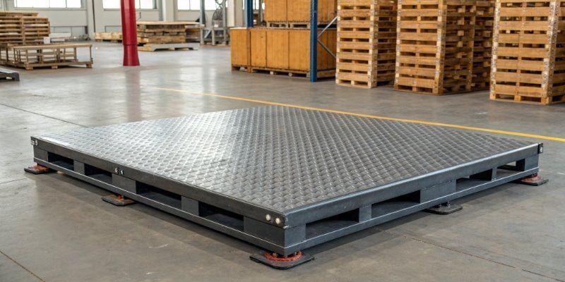 An unbreakable industrial weighing scale in a warehouse