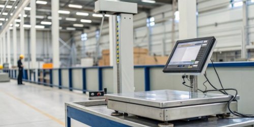 A modern industrial scale connected to a computer showing ERP software integration