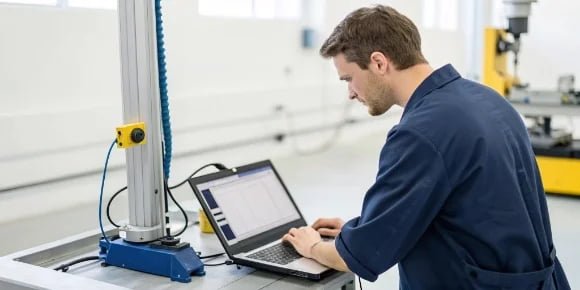 Custom Weighing Software alt text="Technician customizing software on a laptop connected to an industrial scale"