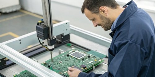 A system integrator examining a circuit board next to an industrial scale.