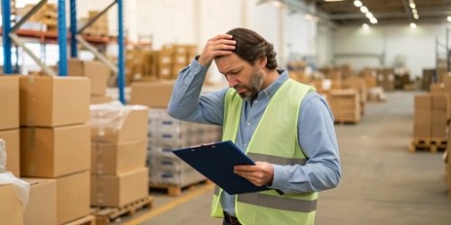 A warehouse manager looks stressed while reviewing a clipboard in a chaotic warehouse.