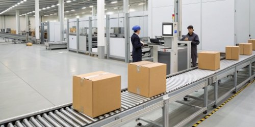 An integrated DWS (Dimensioning, Weighing, Scanning) system in a modern logistics warehouse