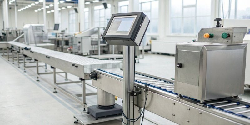 Smart Industrial Weighing Scale Integration An advanced industrial weighing scale connected to a computer system in a modern factory setting.