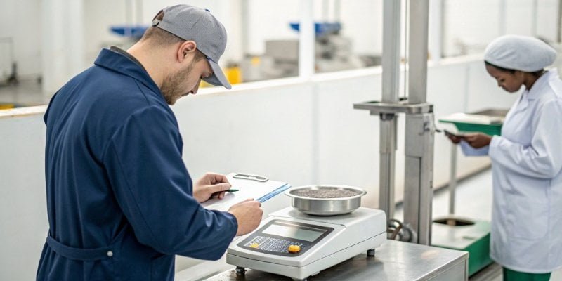 A professional checking the calibration of an industrial scale with a certified weight