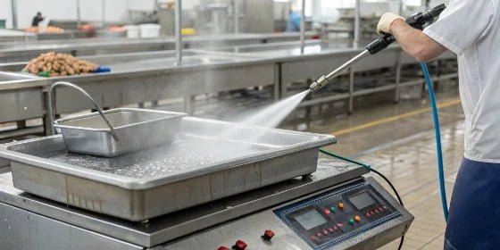 A stainless steel waterproof industrial scale being cleaned with a high-pressure water jet in a food processing plant.