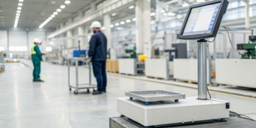 An all-in-one weighing solution with a scale connected to a computer screen showing data analytics.