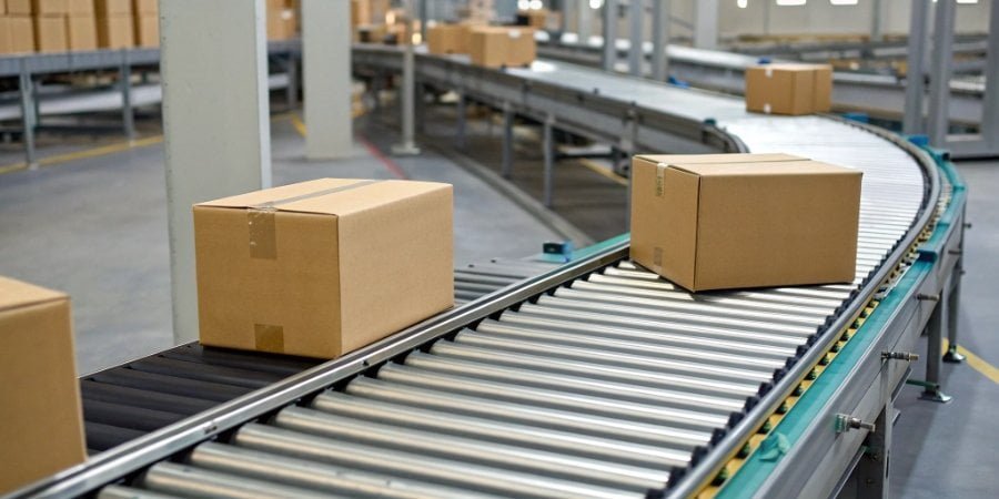 In-Motion Conveyor Weighing System in Action A dynamic in-motion conveyor scale weighing boxes in a warehouse