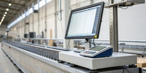 An integrated system showing software on a monitor connected to an industrial weighing scale.