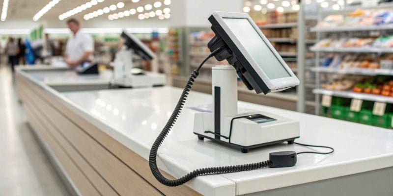 A modern cash register scale seamlessly integrated with a supermarket POS system