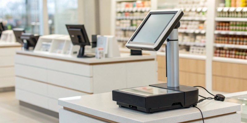 A modern point-of-sale system with an integrated weighing scale in a clean retail environment.