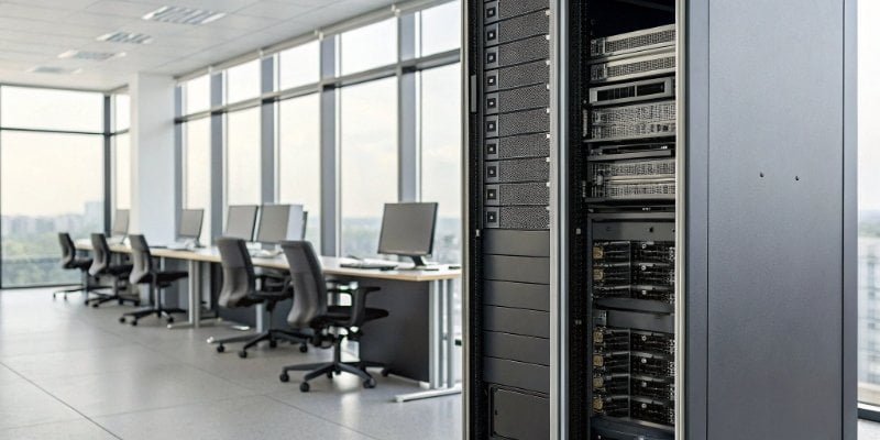 On-Premise POS Server A server rack in an office representing an on-premise POS system