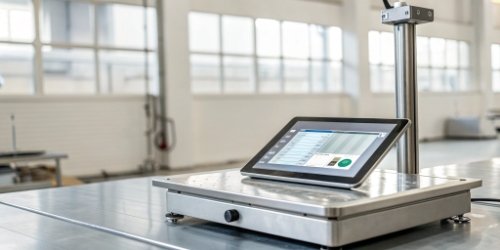 A modern industrial scale connecting wirelessly to a software interface on a tablet.