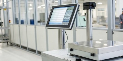 A software interface being shown on a screen next to a physical industrial scale