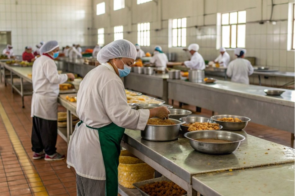Traditional canteen kitchen with workers handling ingredients without documentation