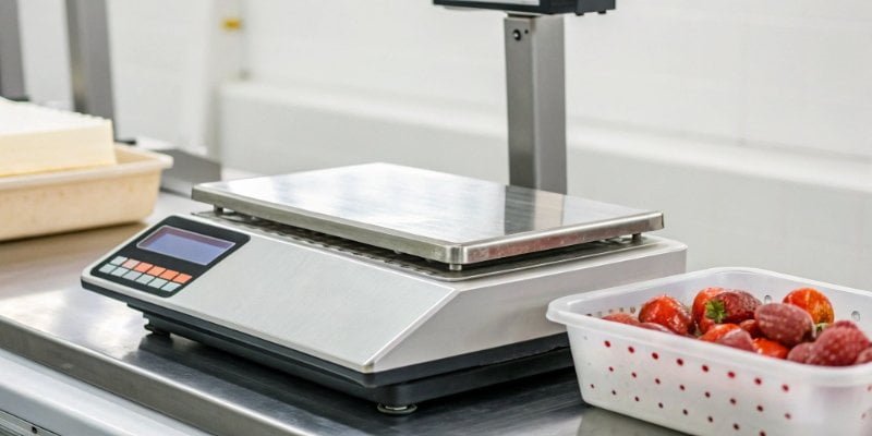 Close-up of a label being printed by a scale