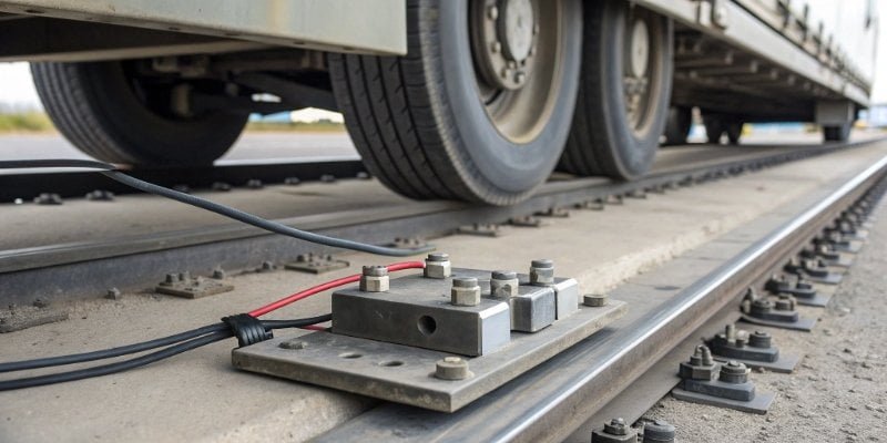 How a Truck Scale Load Cell Works Close-up diagram showing a load cell sensor under a truck scale platform.