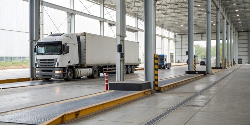 Truck on a Weighbridge System a truck being weighed on an industrial weighbridge at a logistics facility