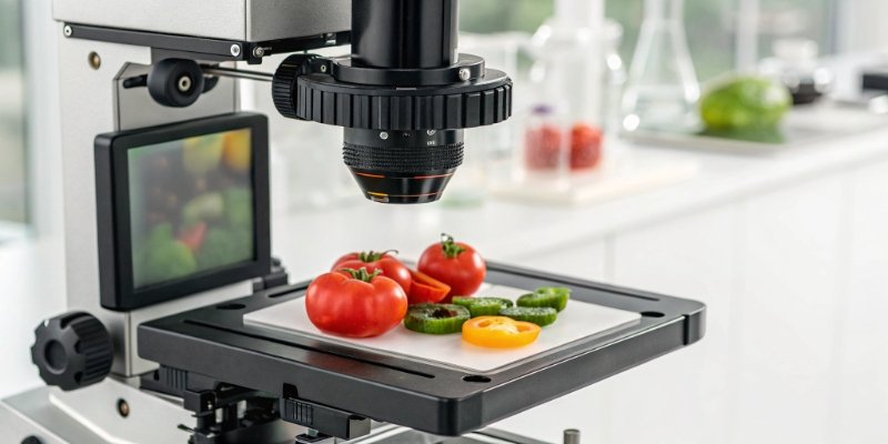 close-up of an AI scale's camera identifying produce