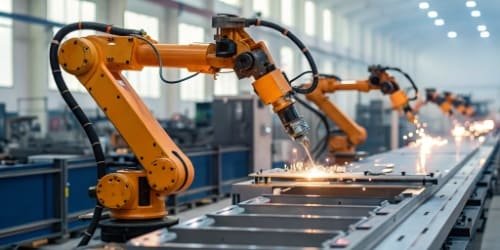 Automation in Production Automated robotic arms working on a production line, signifying efficiency.