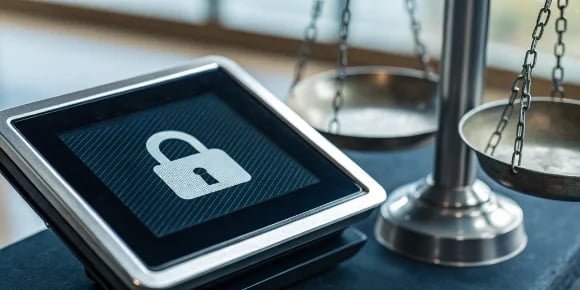 A close-up of a digital scale's display with a lock icon, symbolizing security.