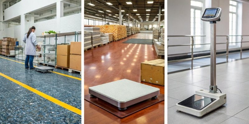 Versatile Electronic Scales A collage of electronic scales in different settings: a kitchen, a post office, and a factory floor.