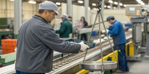A worker using a bench scale to weigh components on a busy production line.