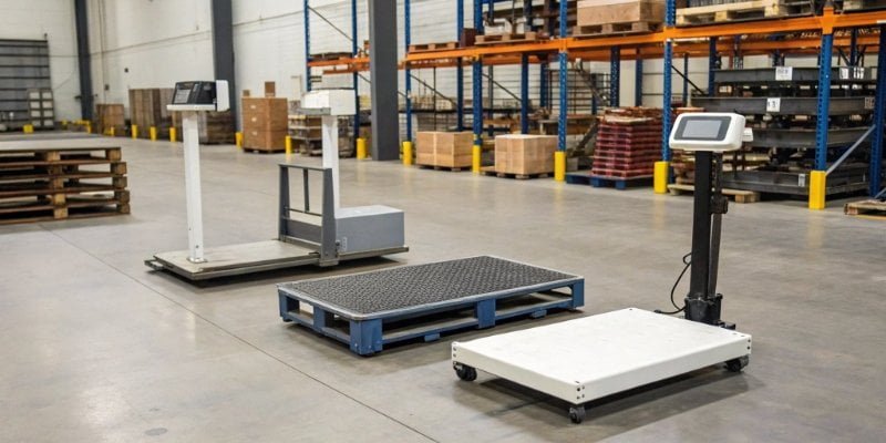 A collection of various industrial scales, including a floor scale, bench scale, and a truck scale in a warehouse setting.