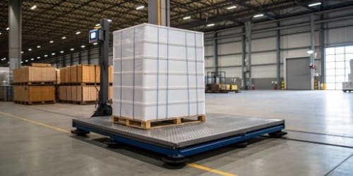 An image of a heavy-duty platform scale in a warehouse setting, weighing a large pallet of goods.
