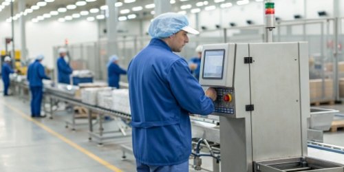 A factory worker efficiently using an integrated weighing station where the weight automatically appears on a screen.