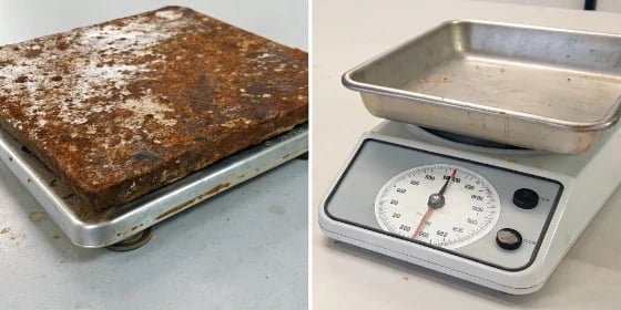 A side-by-side photo showing a rusty standard scale next to a pristine waterproof industrial scale.