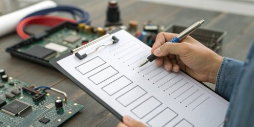 A checklist being reviewed against a backdrop of electronic components.