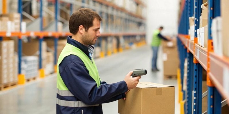 Inventory Scanning Technology A warehouse worker scanning a box with a barcode scanner