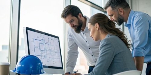 Engineers collaborating around a computer screen showing system architecture.