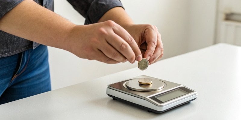 Testing a Digital Scale with a Coin A person placing a nickel coin on a small digital scale to test its accuracy