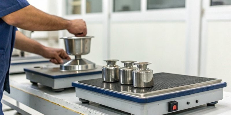 Calibration weights being placed on an industrial platform scale