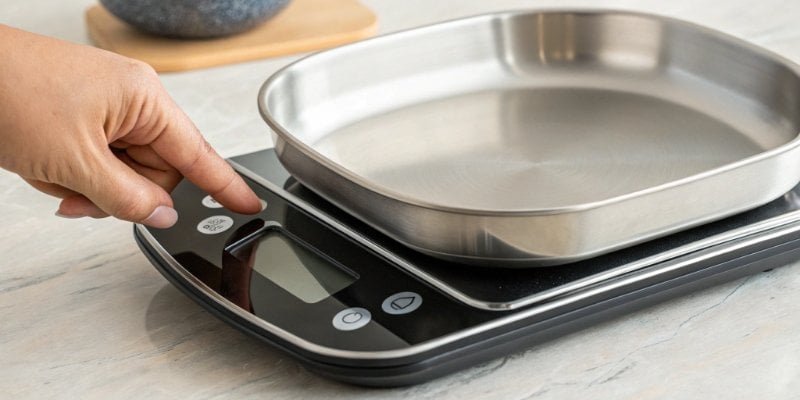 A finger pressing the TARE button on a digital scale