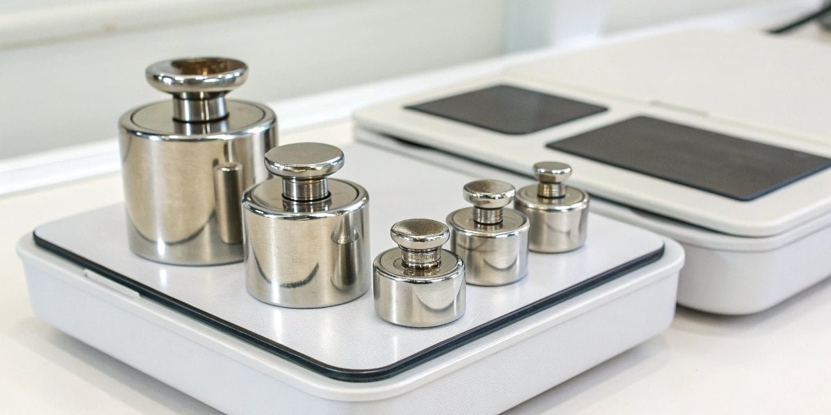Understanding Weighing Accuracy with Calibration Weights A set of calibration weights on a precision digital scale