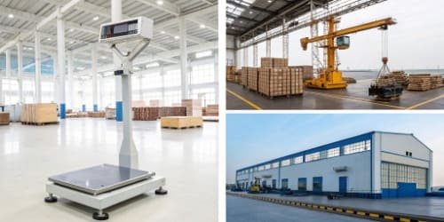 Applications of Weighing Machines An image collage showcasing various types of weighing machines in different industrial settings: a bench scale in a lab, a floor scale in a warehouse, and a crane scale in a factory.