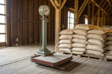 A platform scale in a barn, with bags of grain stacked neatly beside it, ready for weighing.