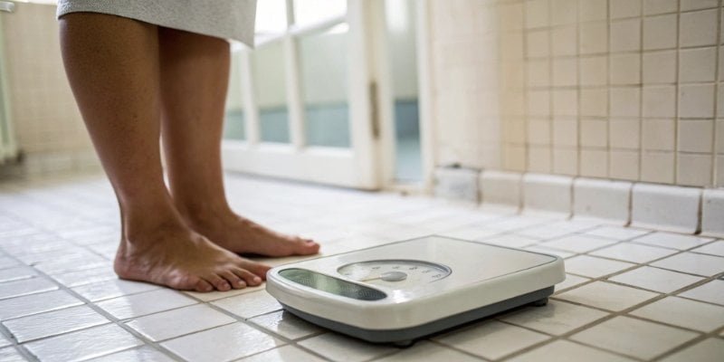 A person standing on a scale that shows 70 kg